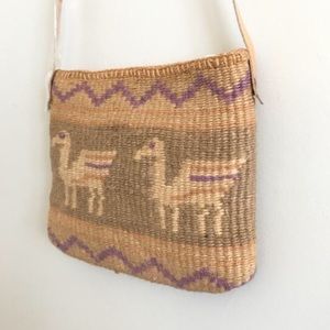 Vintage Straw Shoulder Bag w Animal + Zig Zag